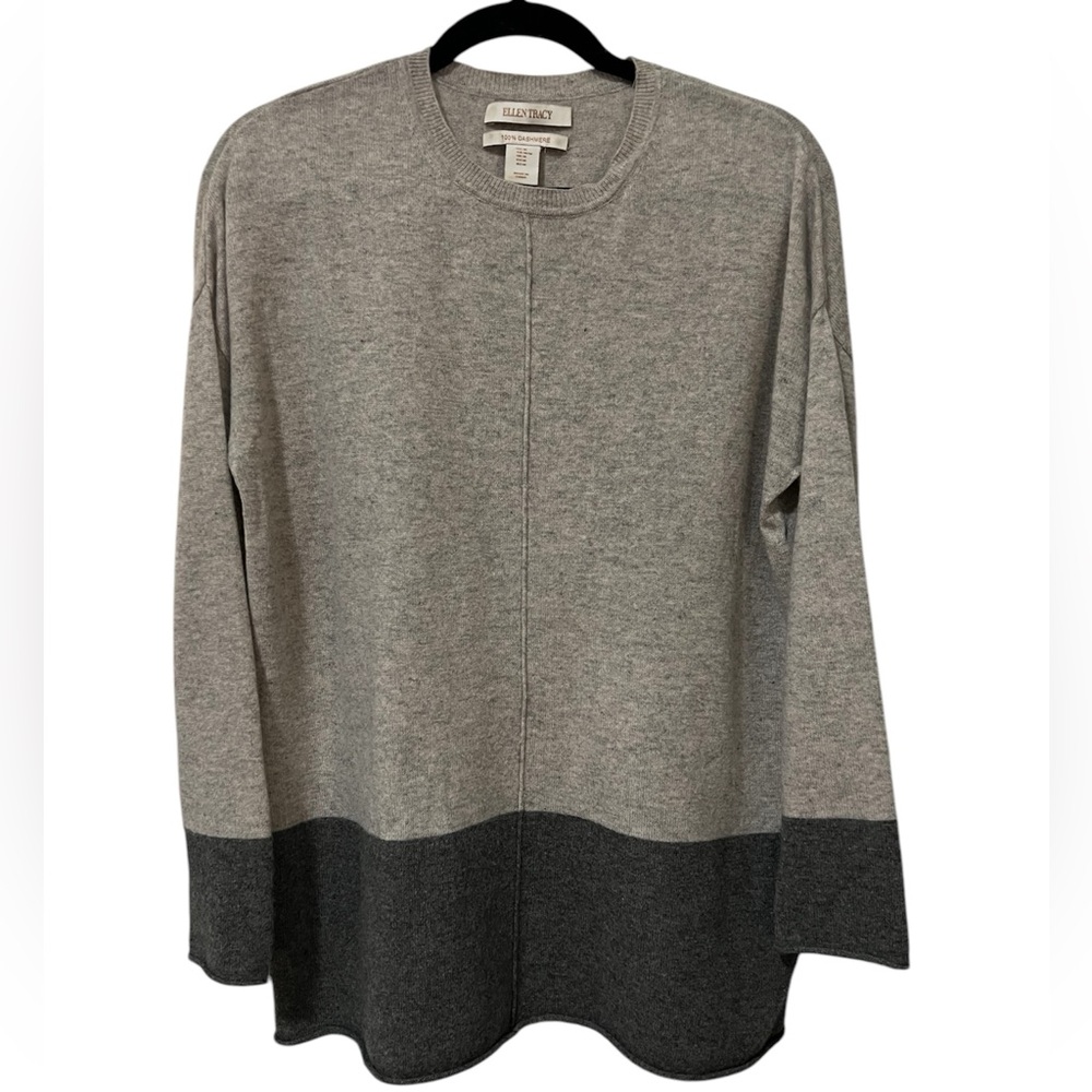Ellen Tracy 100% Cashmere Gray Color Block Pullover Long Sleeve Sweater (Size M)